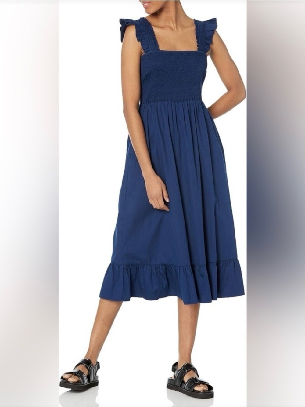 The Drop Kimi Ruffled Shoulder Smocked Midi Dress Gorgeous Blue Size M